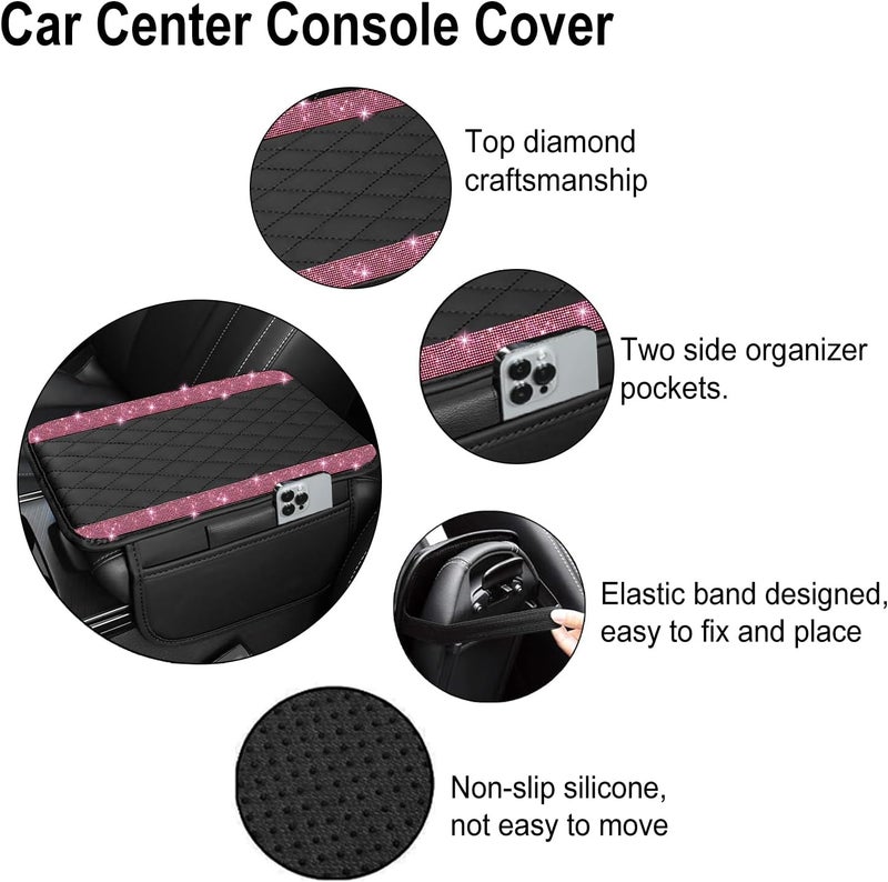 NBTEPEM Bling Car Center Console Cover, Leather Car Arm Rest Cover Cushion with 2 Storage Bags, Universal Automotive Armrest Protector Storage Box, Bling Accessories Interior for Most Vehicles (Pink) - Image 2